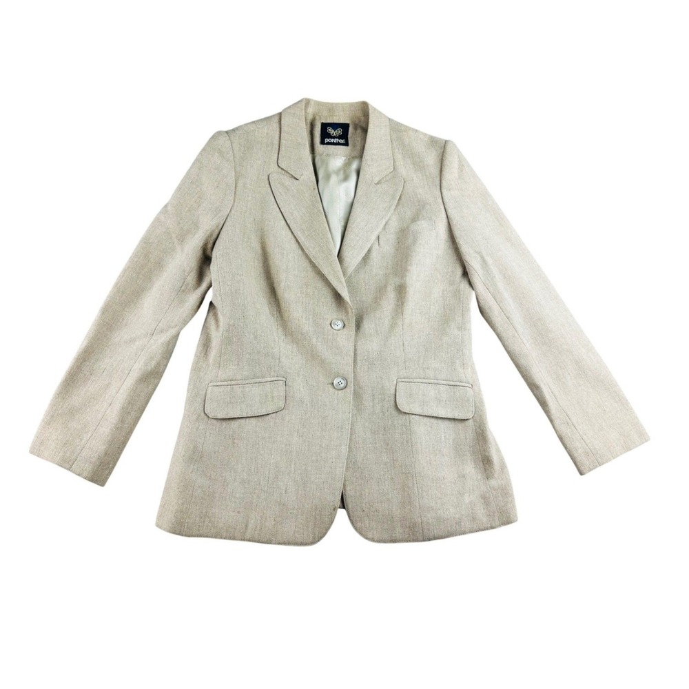 Vintage‎ Panther Blazer Women M Beige 100% Pure Wool Two Button Lining Jacket